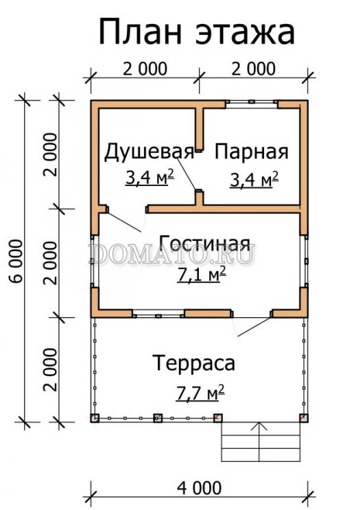 Проект бани 6 на 4 с террасой. Одноэтажная баня ОБ10