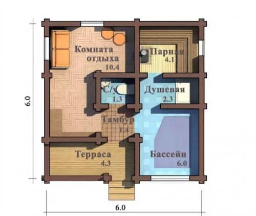 Планировка двухэтажной бани 6 н.  6х6