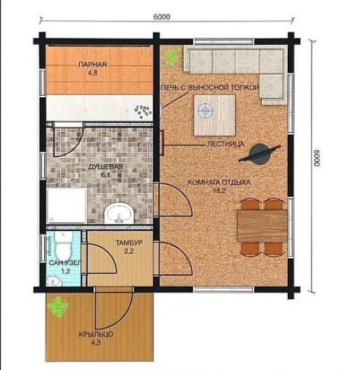 Планировка двухэтажной бани 6 н.  6х6
