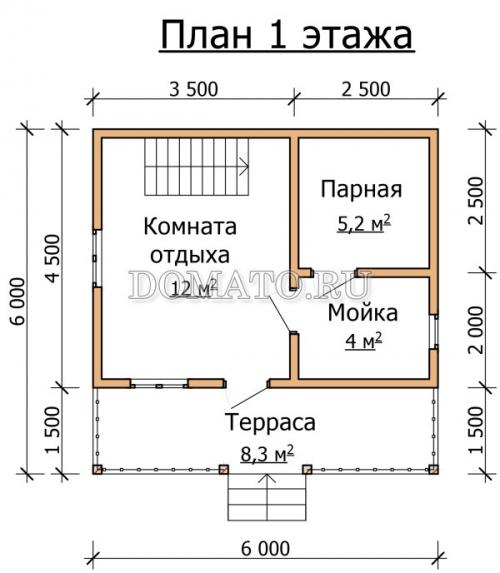 Двухэтажная баня из бруса 6 .  Проект двухэтажной бани 6х6
