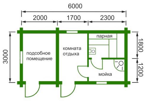 Планировка бани 3 н.  Баня 3*6 01