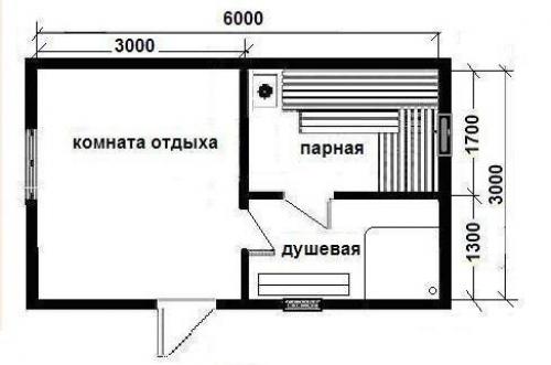 Баня 3 на 6 из бруса 150 на 150. Планировка