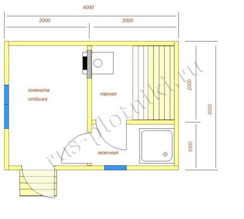 Баня 3 на 3 с выносом. 3 на 4