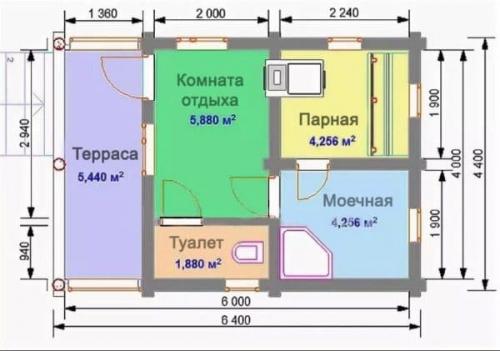 Проект бани 6 на 6 с туалетом. 4х6