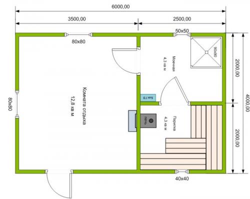 План бани 6 н.  Планировка бани 6x4 метра